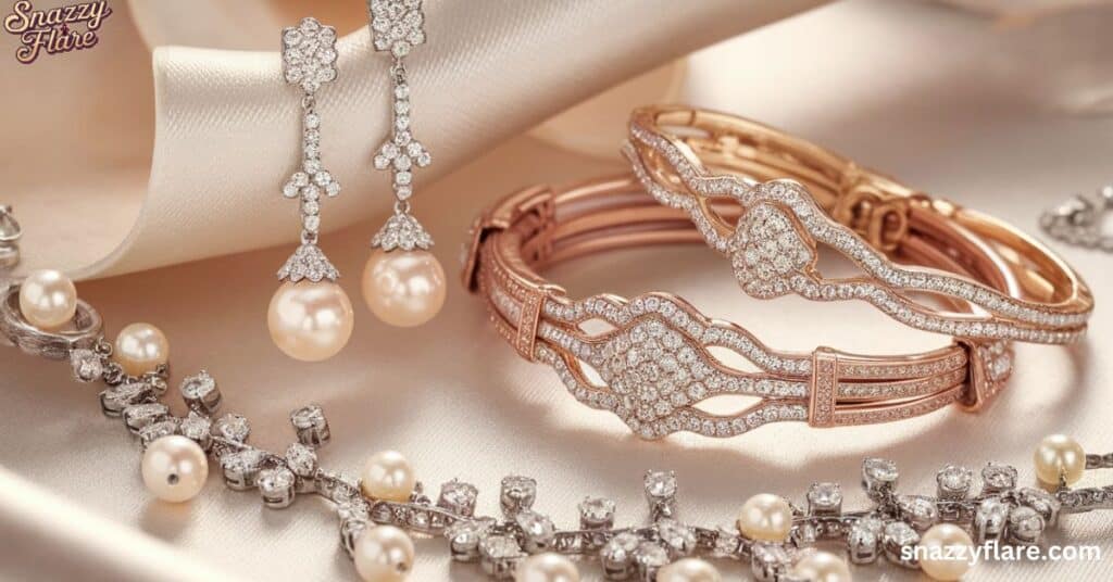 Luxurious rose gold diamond bracelets, pearl drop earrings, and diamond necklace displayed on soft beige satin fabric