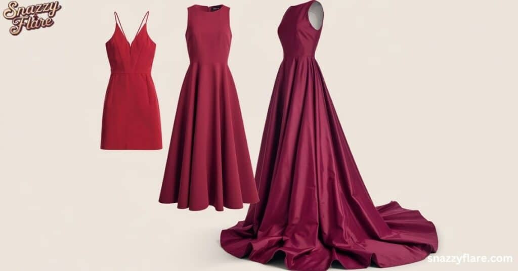 Three elegant red dresses: short, midi, and long gown with a train