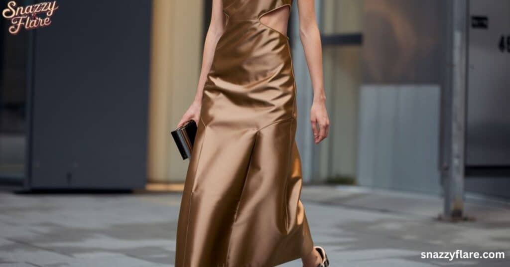 A women in a bronze satin evening gown with cut-outs, holding a black clutch on a city street