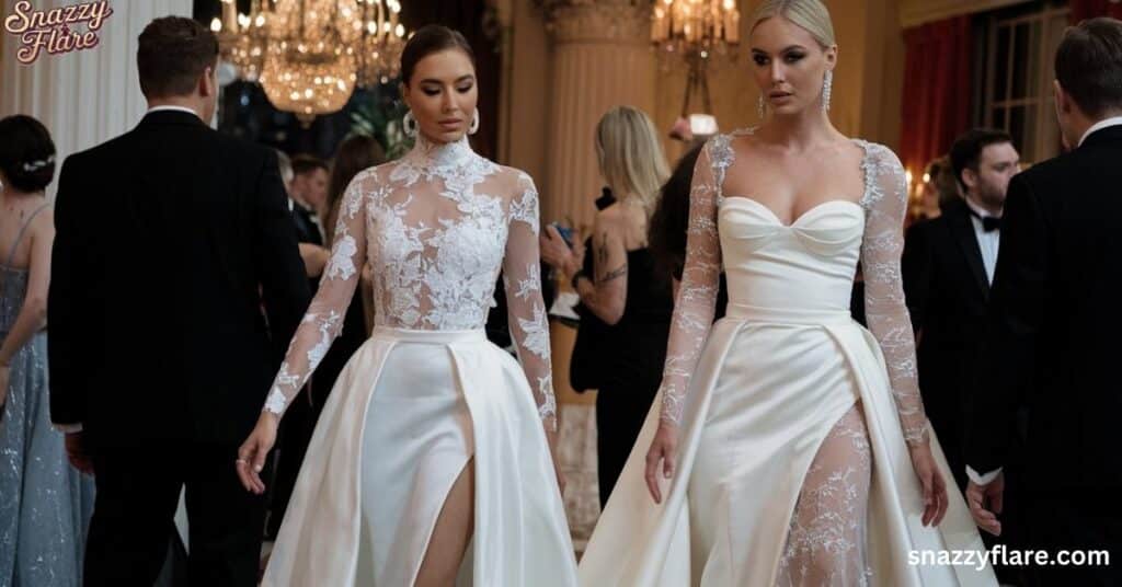 Two women wearing intricate white tie gowns with lace detailing and thigh-high slits, walking at a formal event