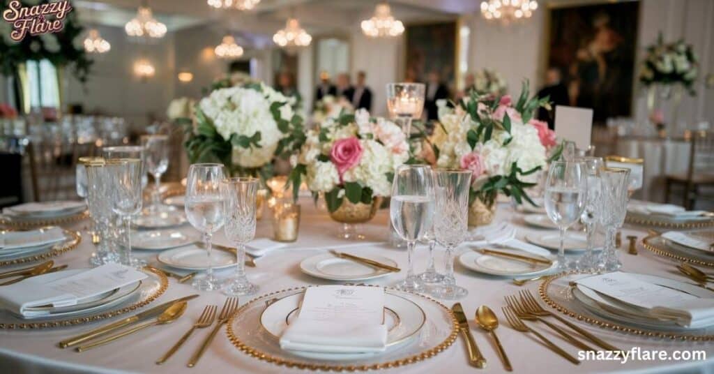 Elegant formal dinner table set with fine glassware, gold details, and floral centerpieces at a white tie event