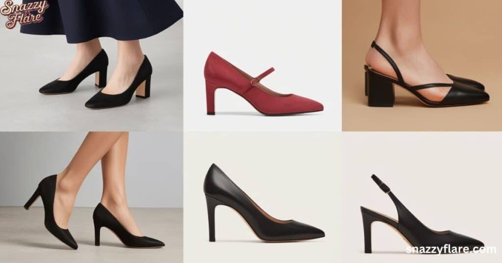 A collection of six stylish women's heels in various designs and colors