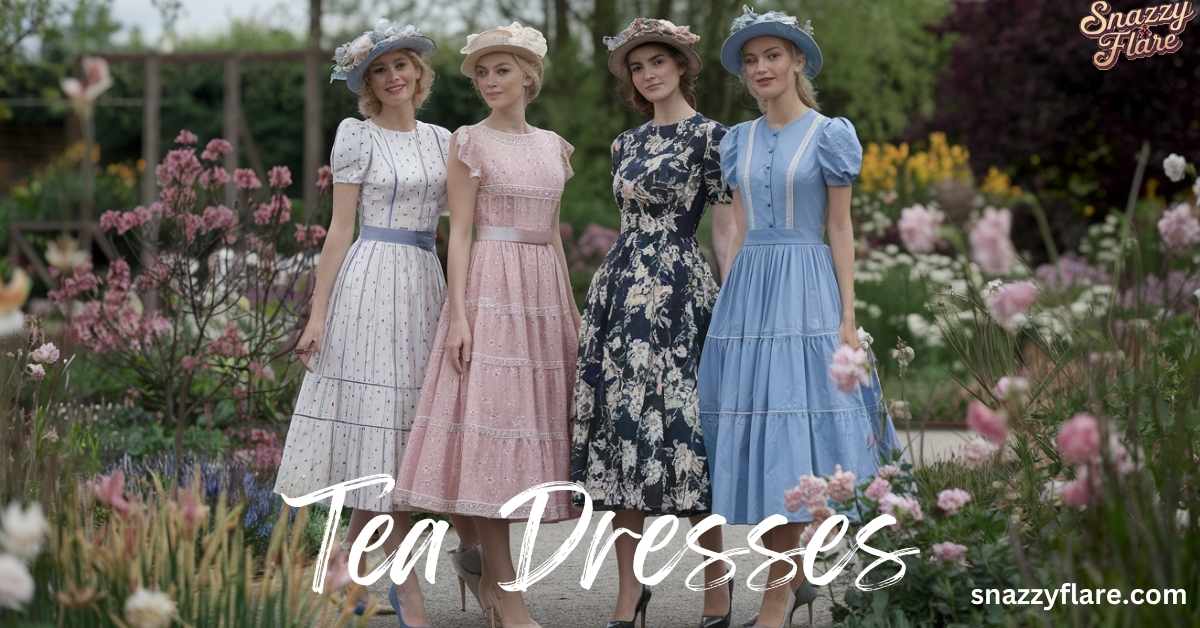 An elegant 4 women wearing stylish tea dress in a lush garden setting, surrounded by blooming flowers and soft sunlight, exuding grace and sophistication.