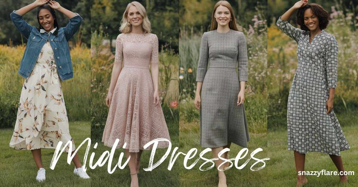 Four women wearing different styles of midi dresses in a garden, showcasing versatility and elegance in fashion