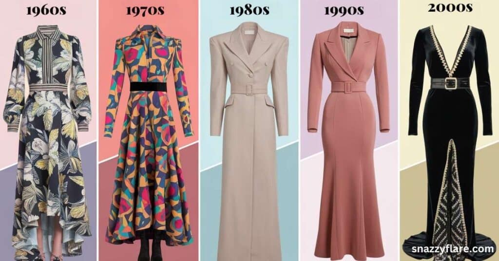 Dresses from the 1960s to 2000s showcasing fashion evolution: floral 1960s, colorful 1970s, structured 1980s, sleek 1990s, and bold 2000s.