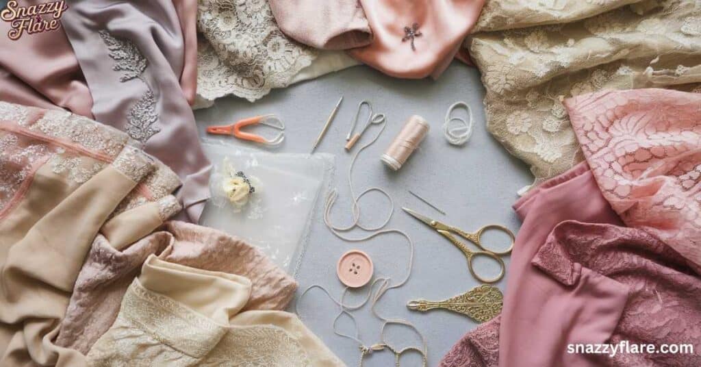 Sewing tools, thread, needles, and lace fabrics in pastel tones are arranged neatly, creating a delicate and creative workspace for crafting and stitching.