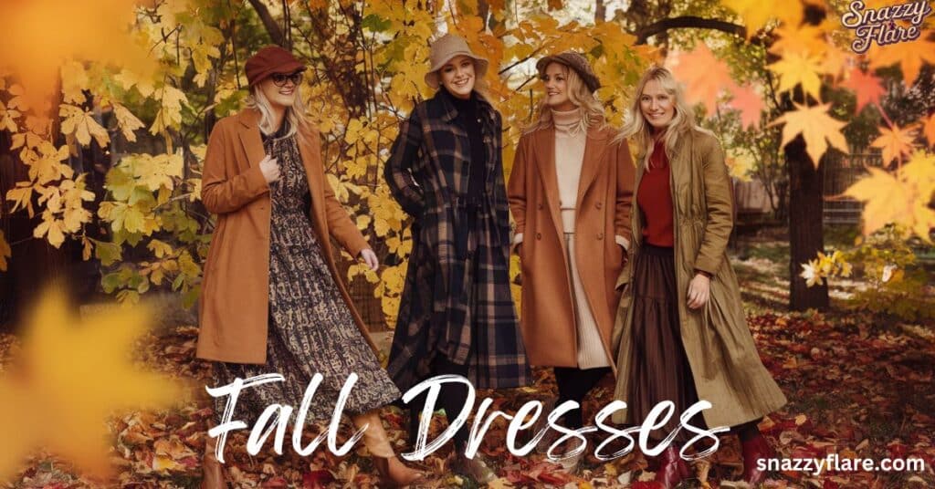 Four models in fall dresses and coats among autumn leaves, with text 'Fall Dresses