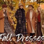 Four models in fall dresses and coats among autumn leaves, with text 'Fall Dresses