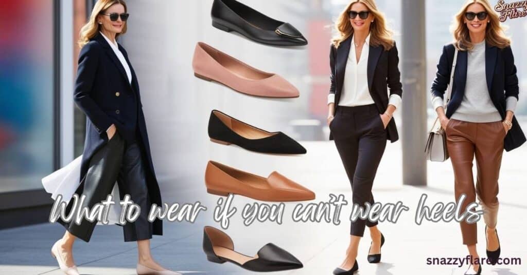 Three different fashion styles featuring women wearing flat shoes with the text ‘What to wear if you can’t wear heels’ overlaid