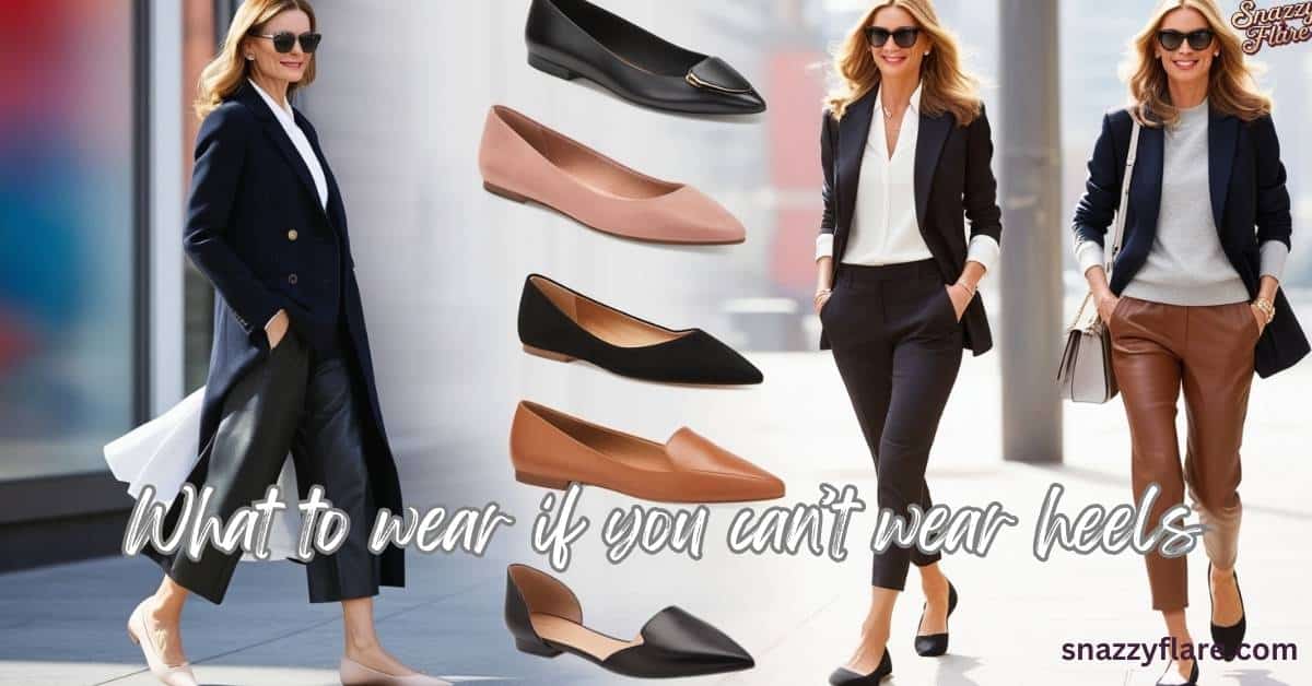 Three different fashion styles featuring women wearing flat shoes with the text ‘What to wear if you can’t wear heels’ overlaid