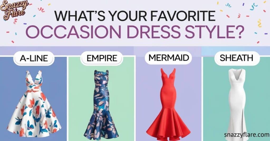 Four occasion dress styles: A-Line, Empire, Mermaid, and Sheath, with colorful dresses displayed under each style