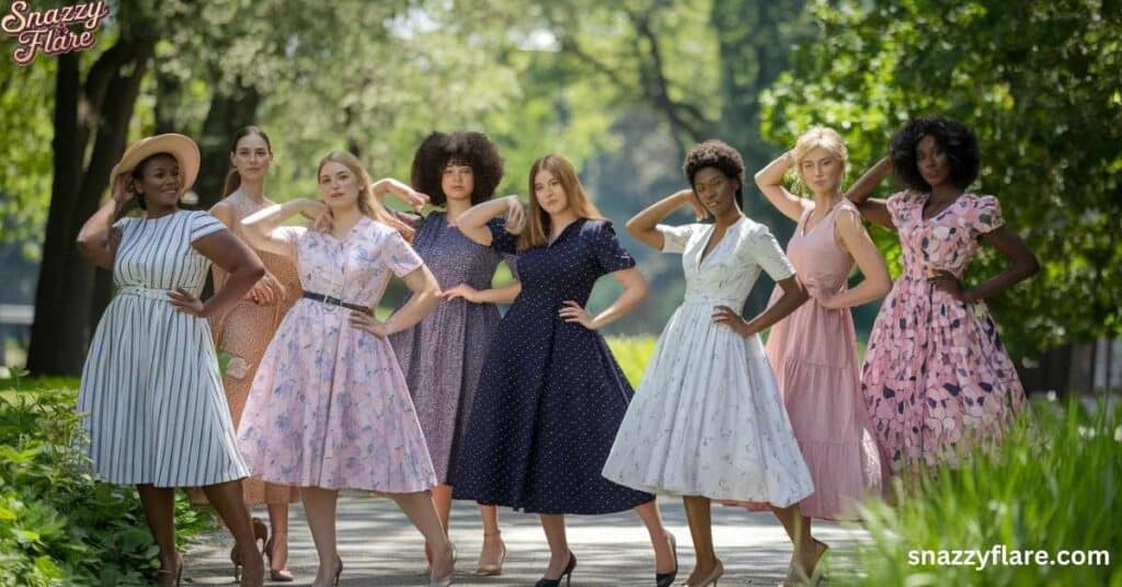 A collage of diverse models in a sunny park, showcasing various body types in flattering tea dresses, highlighting the versatility of this timeless style