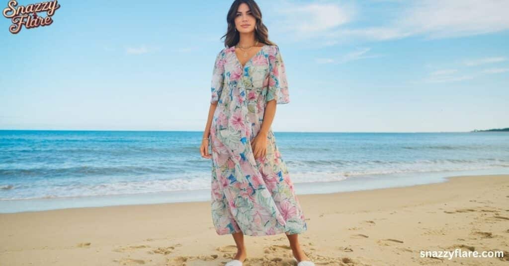 Person in a colorful floral Maxi dress standing on a sandy beach with the ocean in the background