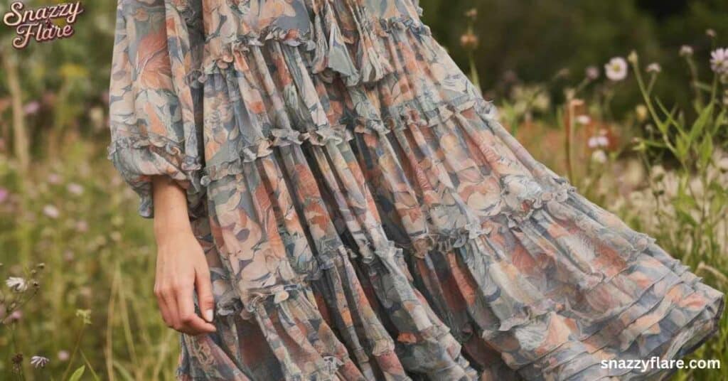 A woman wearing a floral, Bohemian midaxi dress standing in a meadow with wildflowers