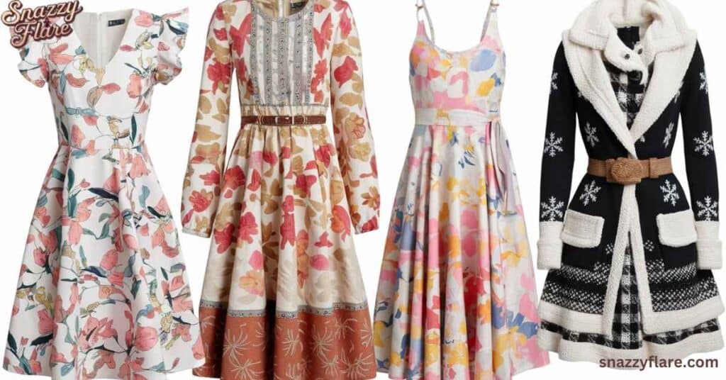 Four dresses: three floral and one winter-themed with a belt, displayed on snazzyflare.com.