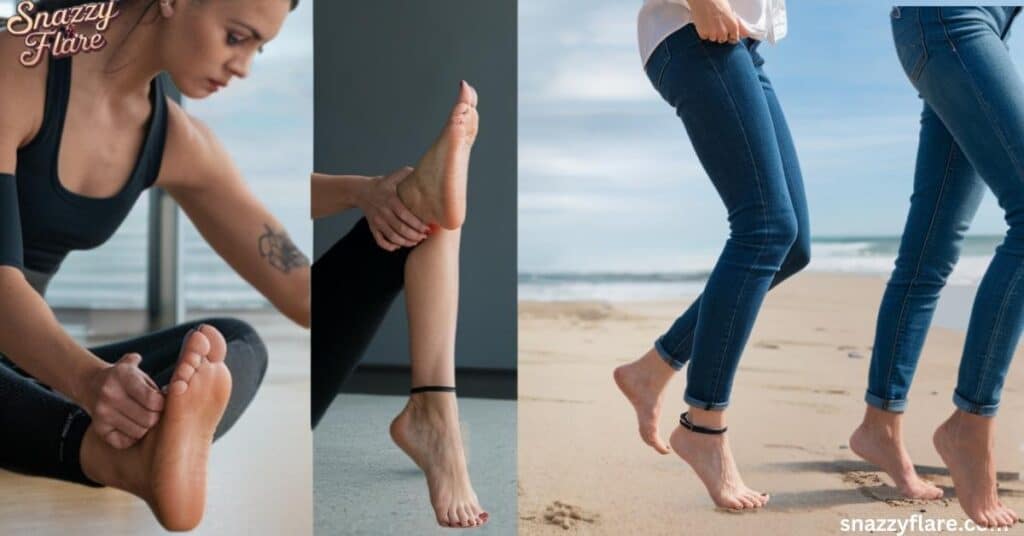 Three photos: stretching foot, close-up stretch, and walking on beach with SnazzyFlare anklets