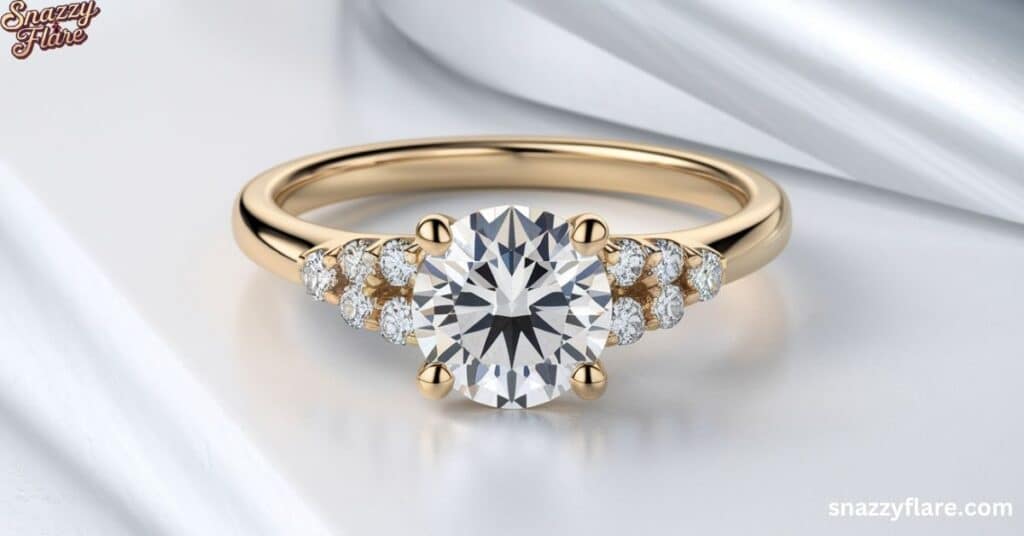 Elegant gold ring with a large central diamond and smaller accent diamonds on a reflective surface