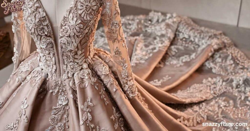 Close-up of a white tie gown with ornate lace embroidery and beadwork, showcasing a luxurious satin fabric and a long train