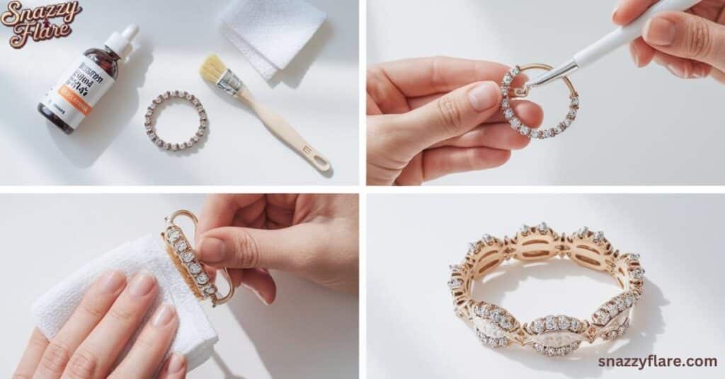 Four-step process of cleaning and polishing a diamond bracelet, showing tools, cleaning, wiping, and the final sparkling result