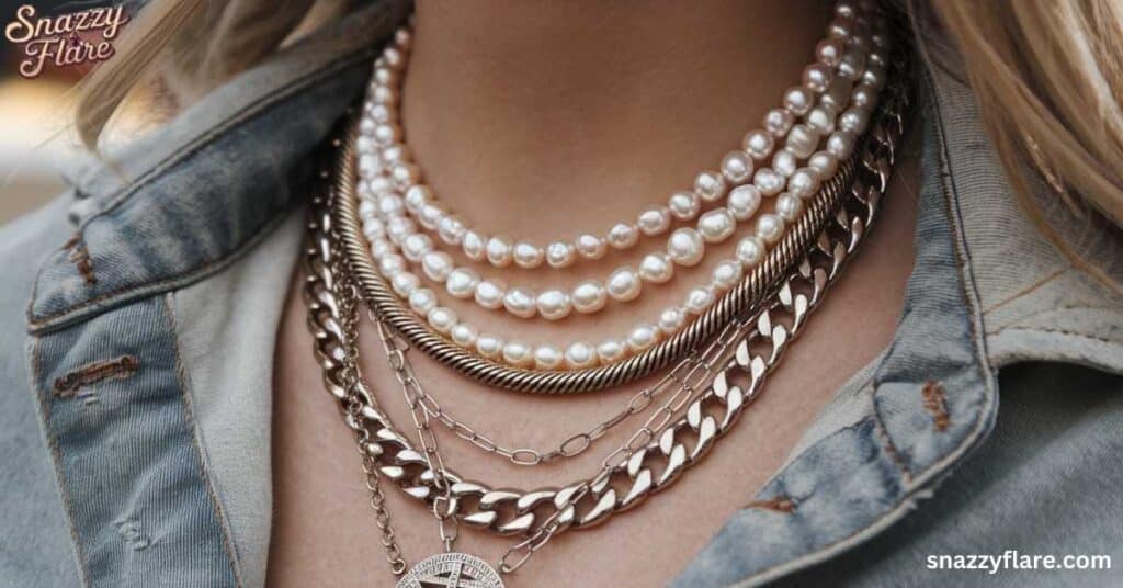 Close up of layered pearl and chain necklaces worn with a denim jacket