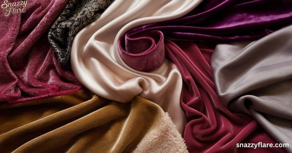 Swatches of various fabrics like velvet, silk, and satin in rich colors including gold, burgundy, and cream