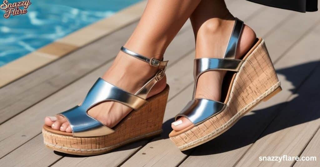 Woman's feet in shiny metallic wedge sandals with cork soles, relaxing by a pool on a wooden deck