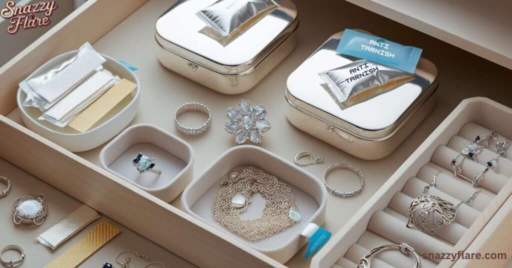 A neatly organized jewelry drawer with rings, necklaces, and anti-tarnish packets in compartments