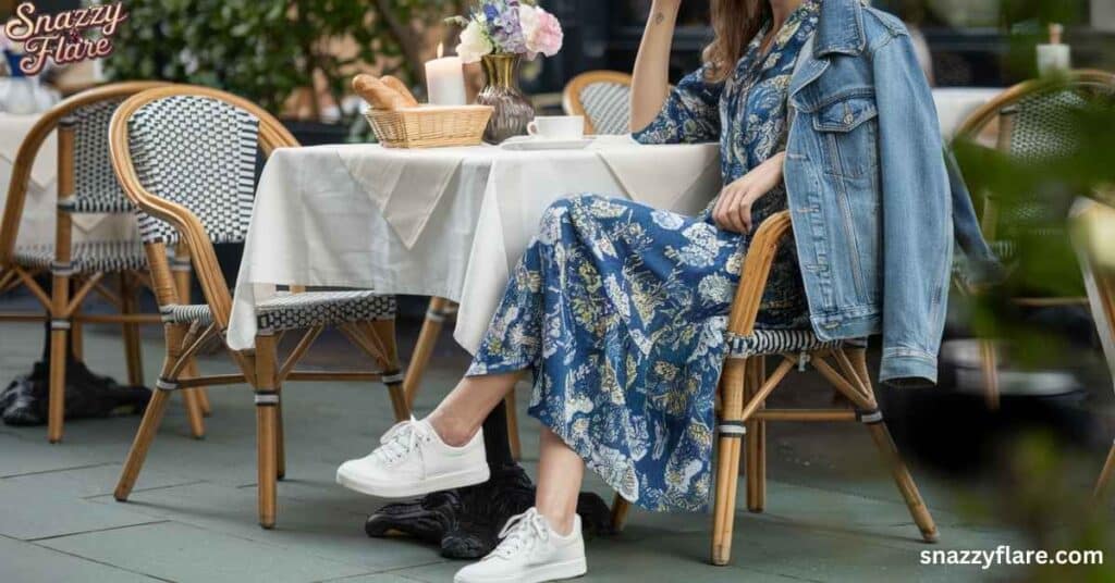 Person in blue floral dress and white sneakers sitting at an outdoor cafe table with a denim jacket draped over the chair