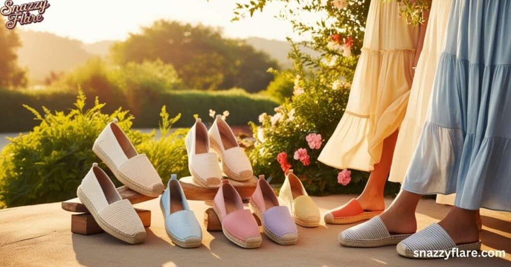 Array of pastel shoes outdoors with person in striped dress showcasing one, amidst serene garden backdrop