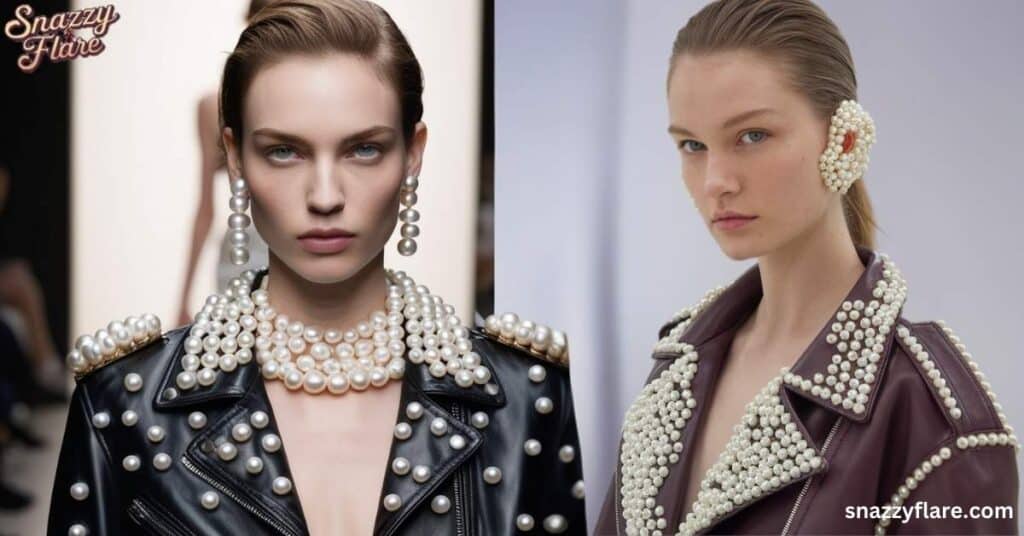 Two models wearing pearl-embellished leather jackets, one black and one maroon, with matching pearl accessories