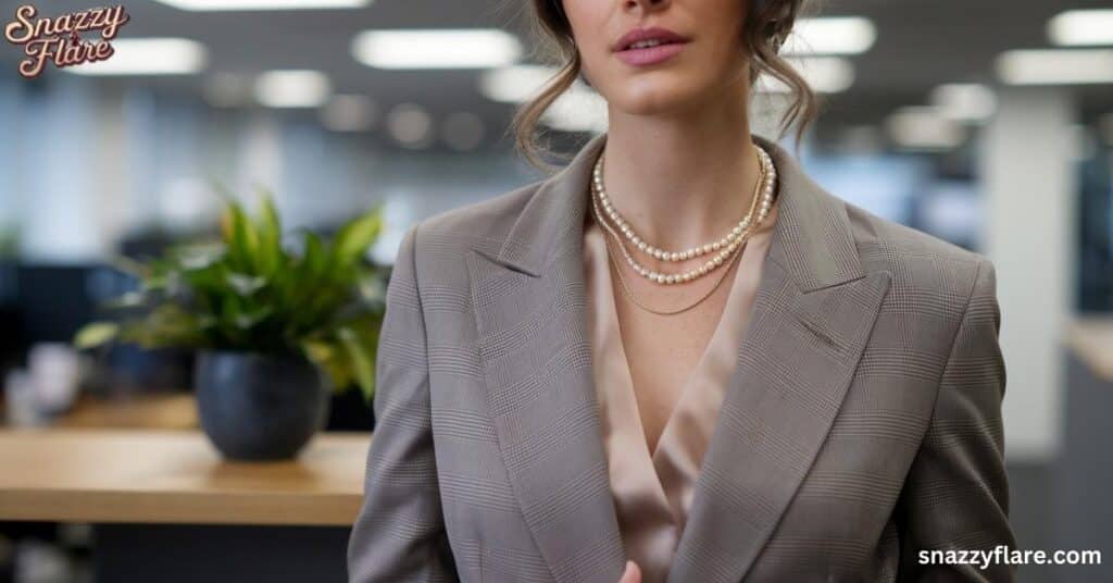 Person in plaid blazer, satin blouse, and layered pearl necklaces in an office