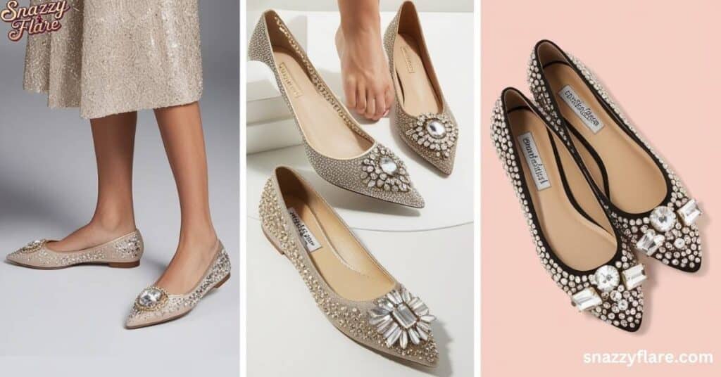 Three stylish pairs of embellished flats, each adorned with intricate and sparkling details for a glamorous touch