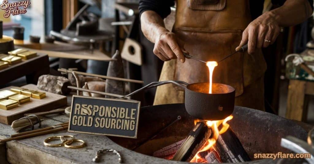 A person melting gold in a crucible with a sign reading ‘RESPONSIBLE GOLD SOURCING’ in the foreground