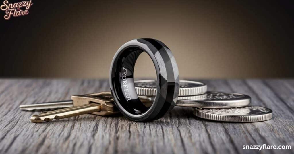 A black and silver ring with the word 'FOREVER' engraved, placed on keys and coins on a wooden surface