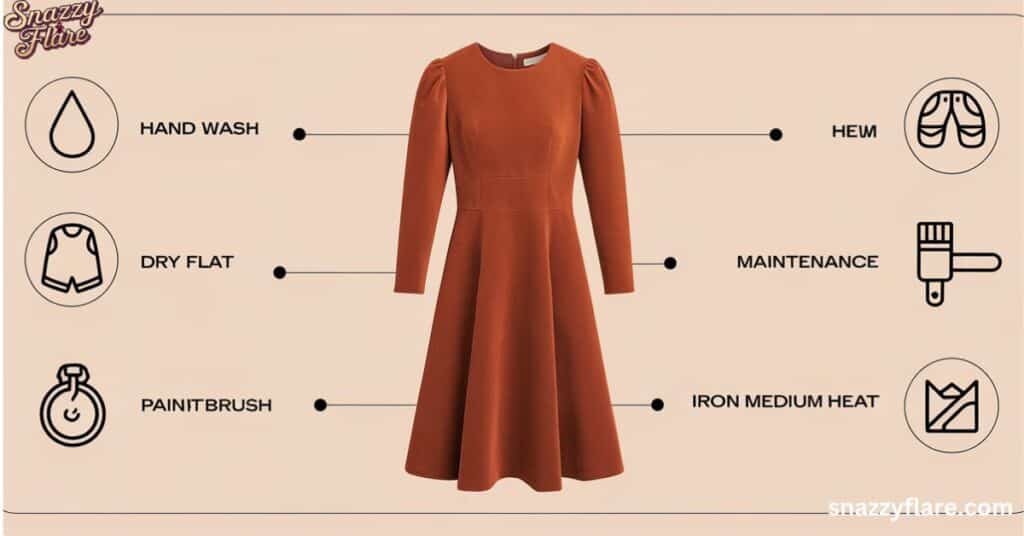 Rust colored dress with labels: hand wash, dry flat, iron medium heat, hem, maintenance, paintbrush