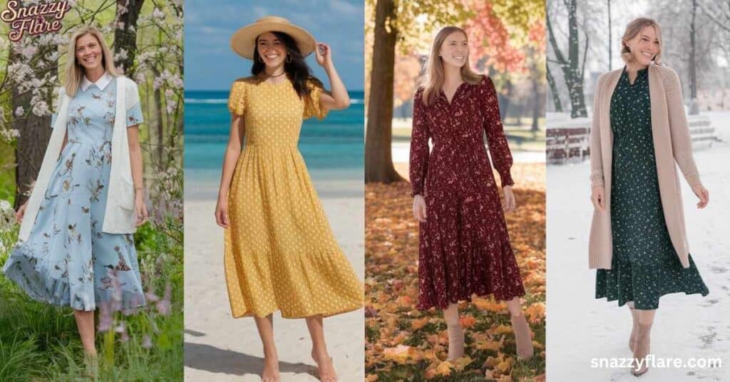 Four women wearing midi dresses styled for spring, summer, fall, and winter, highlighting year-round versatility