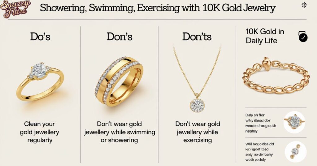 infographic showing dos and don’ts of wearing 10K gold jewelry during activities like showering, swimming, and exercising.