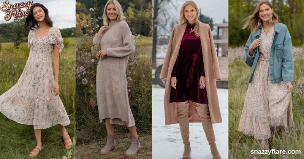 Four women modeling different stylish outfits from SnazzyFlare in outdoor settings