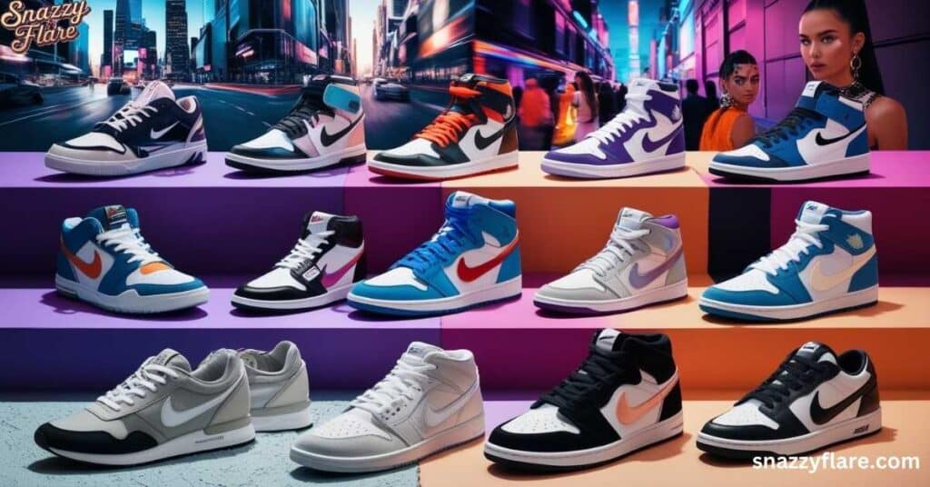 A collage of various Nike sneakers against vibrant cityscape backgrounds