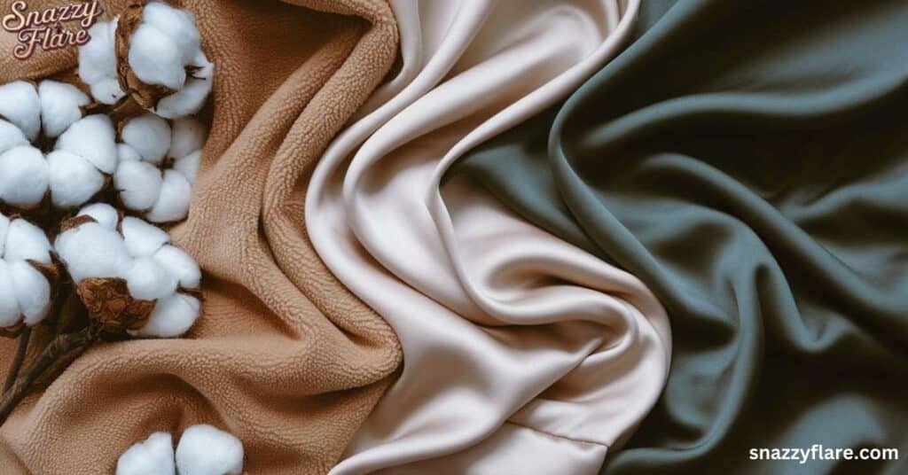 Close-up of various soft fabrics in different colors with cotton branches. snazzyflare.com.