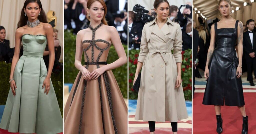 Four Celebrities in stylish outfits at a gala event, showcasing diverse fashion trends.