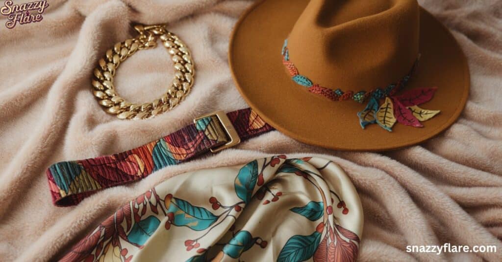 Hat with colorful leaves, gold chain, patterned belt, and floral scarf on beige fabric