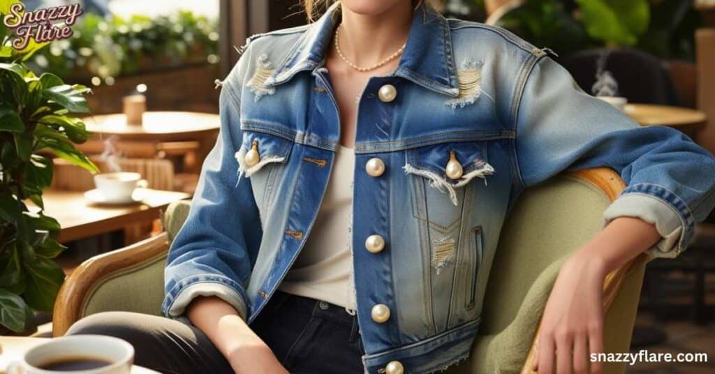 Person wearing a distressed denim jacket with pearl buttons, sitting in a cozy café with coffee on the table