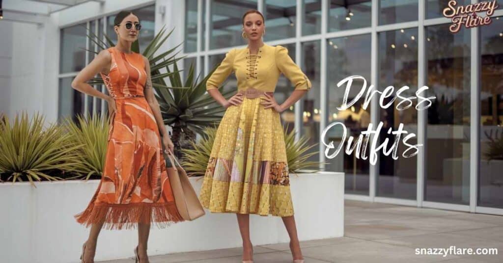 Two women in stylish dresses, one in yellow and one in orange, posing outdoors with text 'Dress Outfits' and 'snazzyflare.com