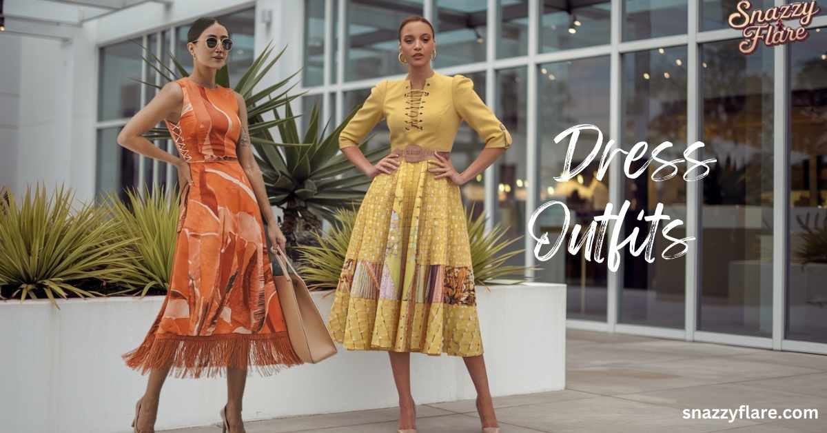 Two women in stylish dresses, one in yellow and one in orange, posing outdoors with text 'Dress Outfits' and 'snazzyflare.com