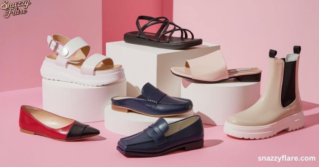 A stylish array of assorted footwear including sandals, loafers, slip-on shoes, and boots displayed on white geometric blocks against a pink backdrop