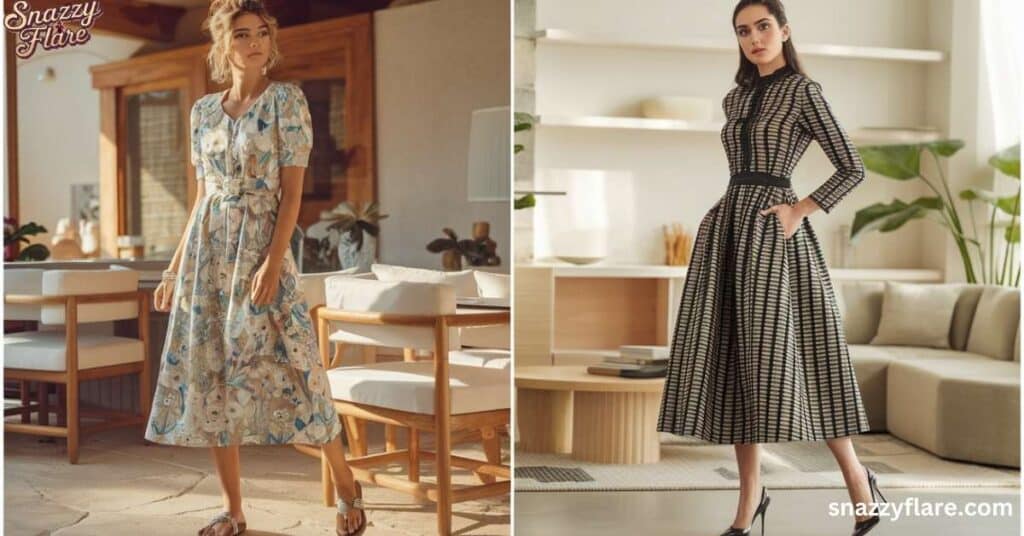 Two women in stylish midi dresses, showcasing floral and modern patterns, perfect for different occasions