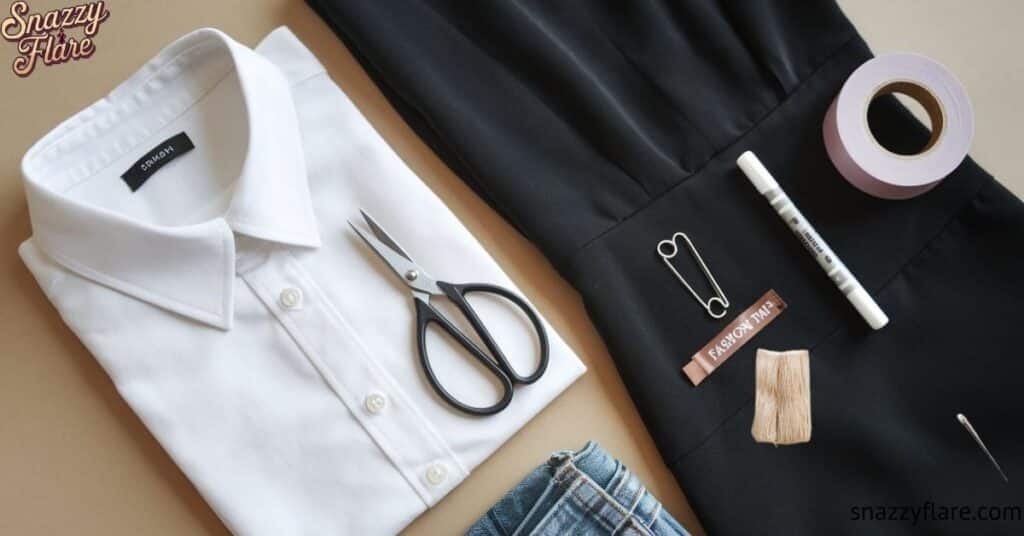 Flat lay of tailoring tools: white shirt, black pants, scissors, safety pin, tape, and thread. snazzyflare