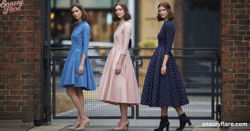 Models of different heights wearing tea dresses, illustrating the ideal tea dress length for various body types