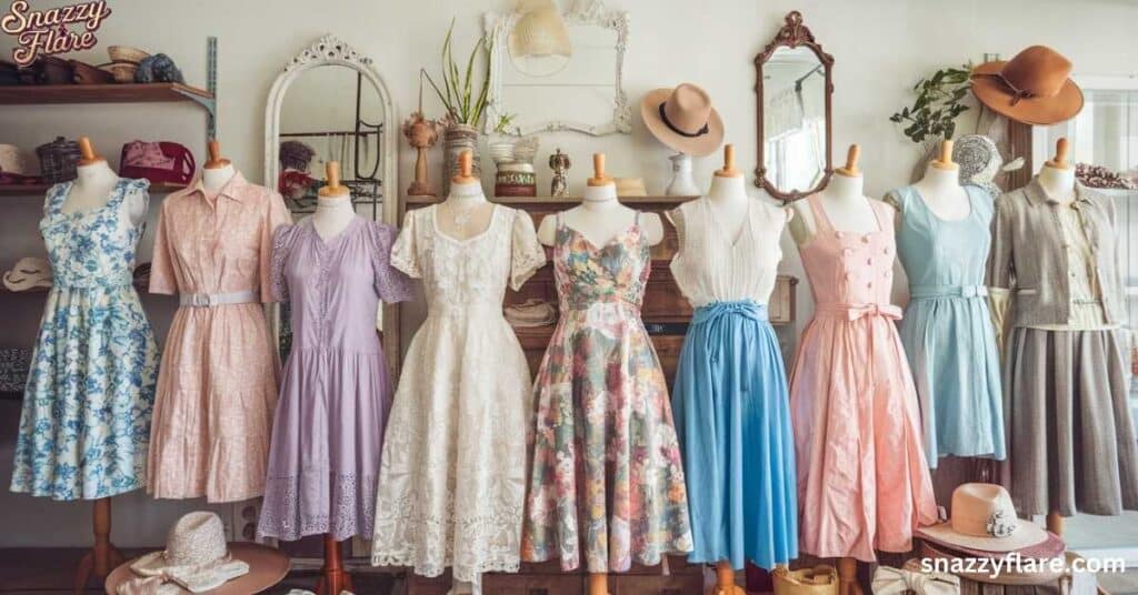 A variety of tea dresses displayed on mannequins in a boutique, showcasing different styles and colors